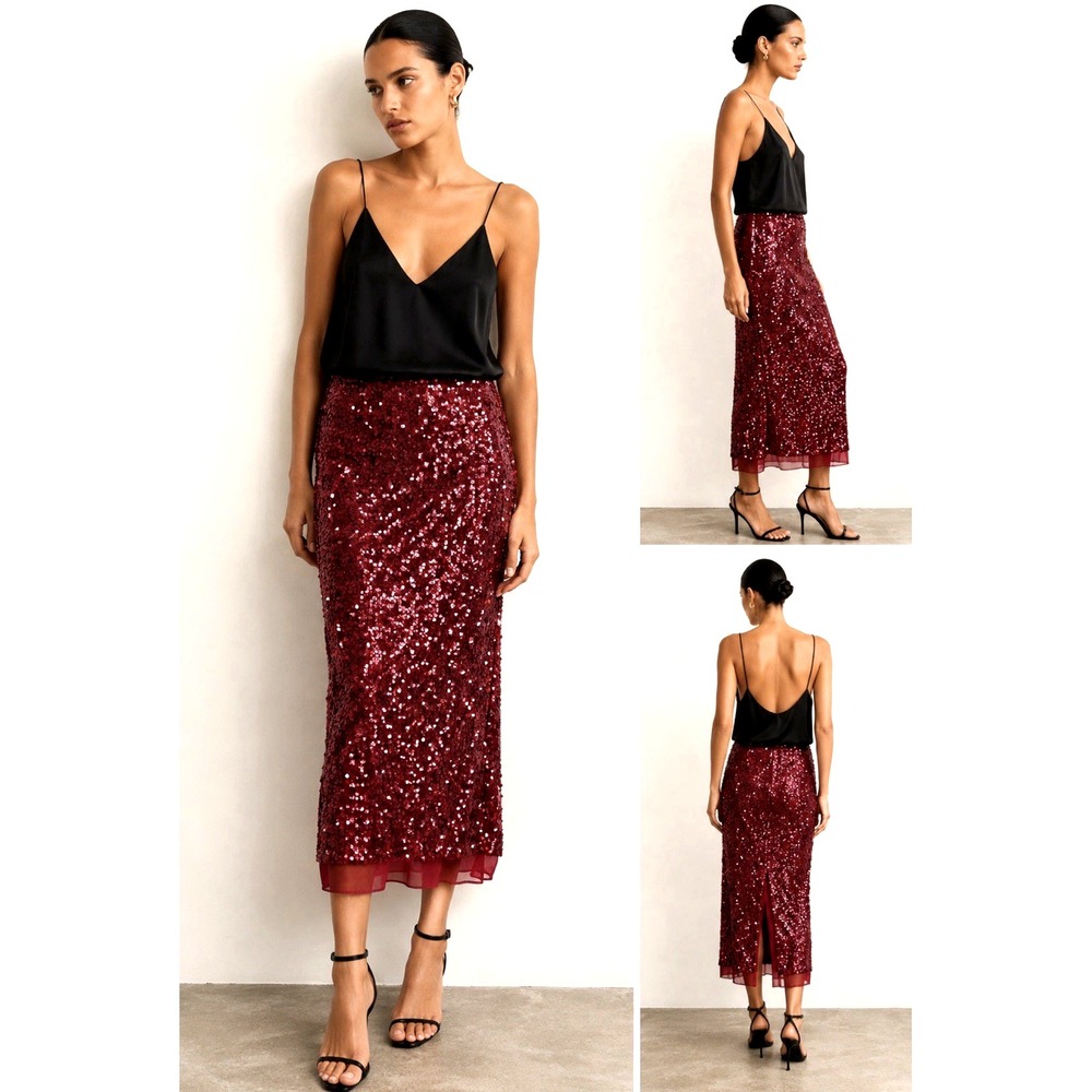 NEW! Zara Sequin Midi Skirt Sheer Lining Hem Red SZ XS